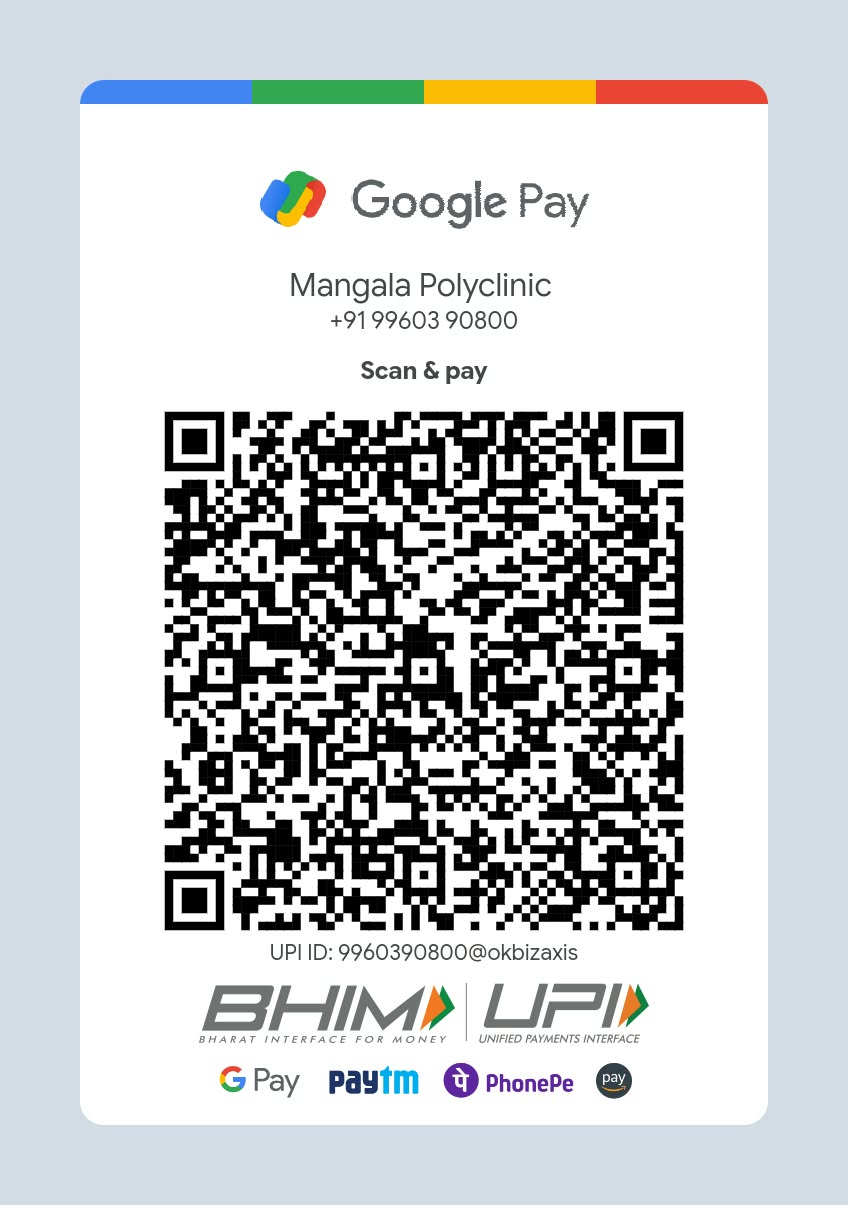 Google Pay QR code for Mangala Polyclinic, UPI ID 9960390800@okbizaxis